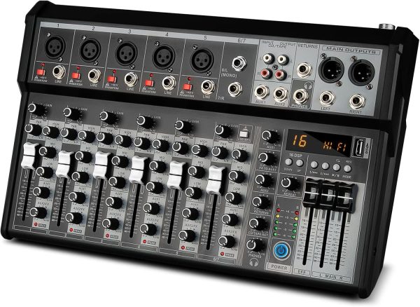 Depusheng Professional Audio Mixer, 7 Channel Audio Interface Sound Board Mixing Console System, 16-Bit DSP DJ Bluetooth Mixer +48V Phantom Effect For Karaoke Studio Streaming Recording (XT7) - Image 9