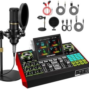 Podcast Microphone Bundle with Live Sound Card Audio Mixer, Podcast Equipment Bundle with 3.5mm BM800 Microphone for Pc/Youtube Live Streaming Singing Gaming, Sound Board with Voice Changer, Denoise