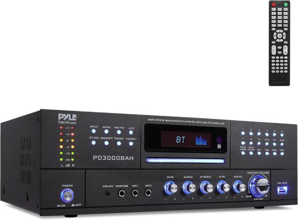 Pyle 3000W 4-Channel Wireless Bluetooth Amplifier - Stereo Home Audio Receiver with FM Radio - HDMI - USB - 2 Mic Inputs w/Echo - Front CD/DVD Player - Subwoofer Output - Rack Mount - PD3000BAH - Image 9