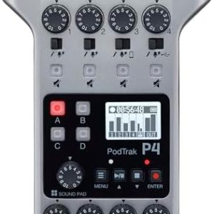 Zoom PodTrak P4 Podcast Recorder, Battery Powered, 4 Microphone Inputs, 4 Headphone Outputs, Phone Input, Sound Pads, Record to SD card, Audio Interface Mode